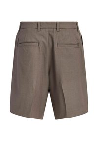 Brown tailored shorts with belt loops and two back welt pockets, one with a small zipper detail.