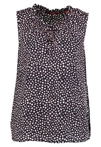 Námořnická bezramínková blůza s nepravidelnými světle růžovými puntíky, nařaseným límcem a malým uzávěrem na přední straně.