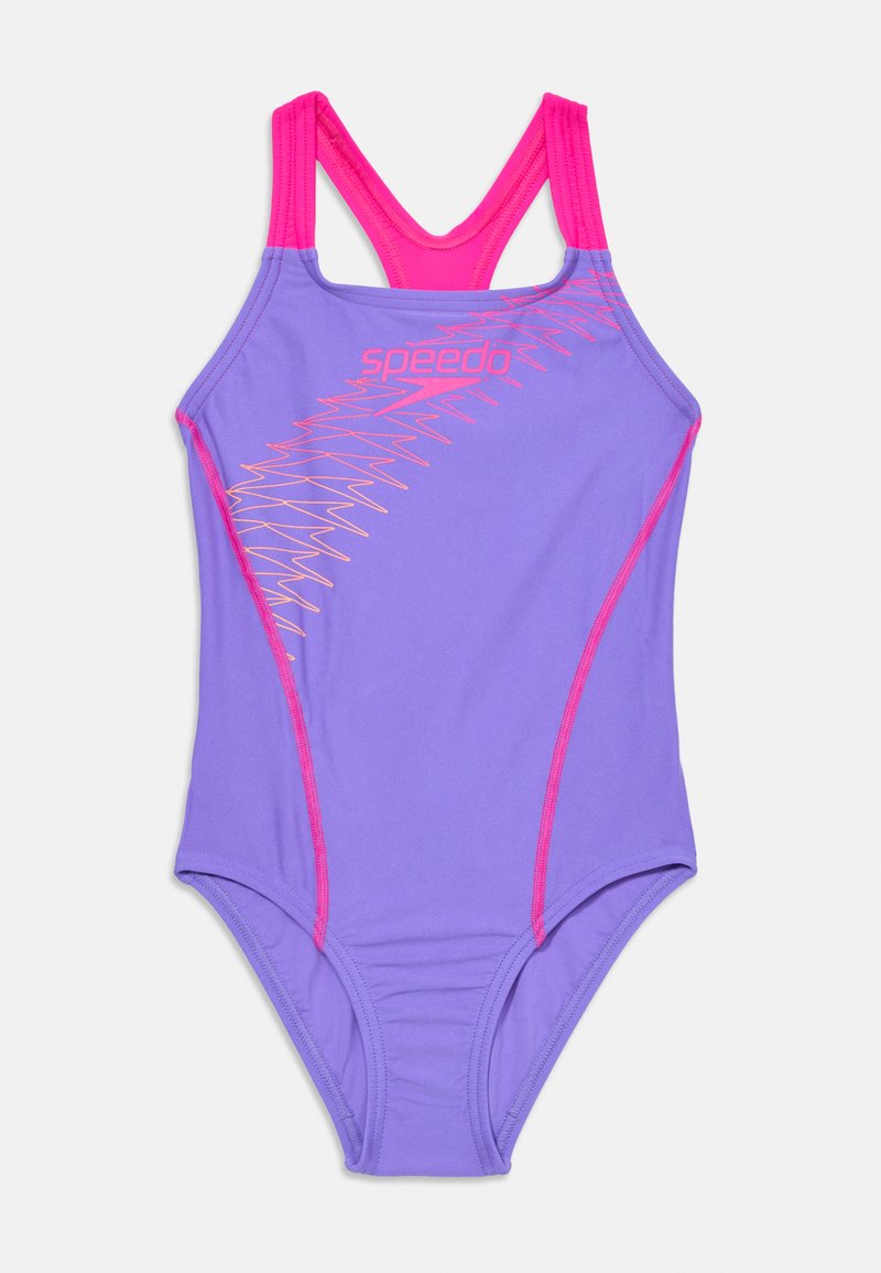 Ljubičasti jednočlani kupaći kostim s ružičastim detaljima, s križnim trakama i cik-cak uzorkom. Izrađen od rastezljivog materijala za udobnost.
