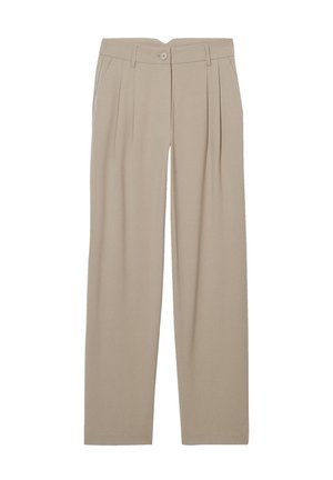 Pantalons plissés beiges au design droit, dotés d'une fermeture à bouton à l'avant et de poches latérales, confectionnés en tissu lisse.