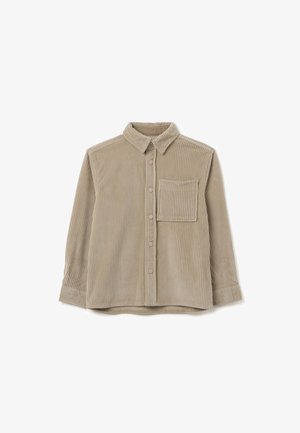 Beige corduroy overhemd met een button-down kraag, een borstzak en lange mouwen met een gestructureerde ribbelstof.