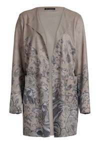 Chaqueta de ante en beige con un diseño de estampado floral y de leopardo. Presenta un cuello de chal y dos bolsillos frontales como detalle.