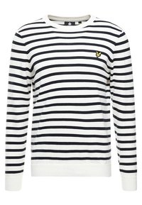 Suéter a rayas con rayas horizontales en azul marino y blanco, cuello redondo acanalado y un pequeño logo bordado en el pecho.