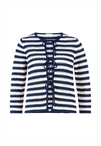 Knitted cardigan in navy and white stripes. Features a round neckline, long sleeves, and a tie closure at the front. Textured yarn.