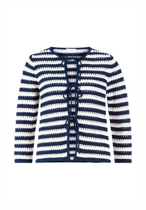 Knitted cardigan in navy and white stripes. Features a round neckline, long sleeves, and a tie closure at the front. Textured yarn.