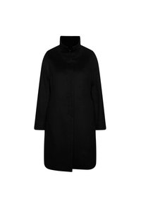 Cappotto nero con colletto alto, maniche lunghe e taglio dritto. Realizzato in un tessuto liscio e morbido con un design minimalista.