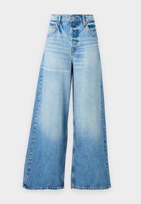 Lichte wijdvallende blauwe denim jeans met een vervaagde was, voorzien van een knoopsluiting, vijf zakken en een rechte snit van taille tot zoom.
