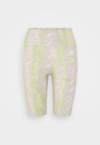 Kraťasy na kolo s potiskem hadí kůže v pastelově růžové a zelené barvě, vyrobené z hladké elastické látky, s vysokým pasem a boční kapsou. Bílý akcent s logem.