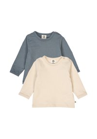 Two long-sleeve t-shirts: one in blue-gray, one in cream. Both feature round necklines, soft fabric, and small label accents.