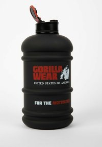 Black plastic water bottle with textured surface, red lid, and printed text. Features "GORILLA WEAR" and "FOR THE MOTIVATED" branding.