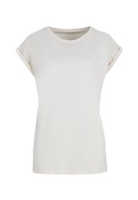 Helles beiges Kurzarm-T-Shirt mit umgeschlagenen Ärmeln, rundem Ausschnitt und weichem, strukturiertem Stoff. Einfaches, unauffälliges Design.