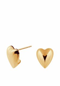 Złote kolczyki w kształcie serca z błyszczącym wykończeniem. Każdy kolczyk jest gładki, zaokrąglony i posiada prostą nogę do mocowania.