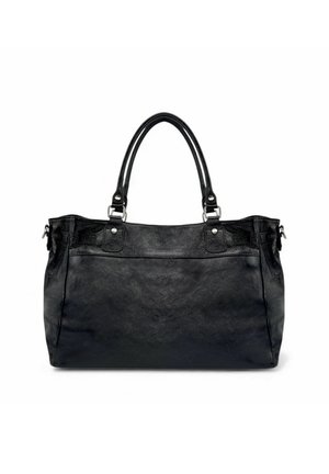 Sac fourre-tout en cuir noir avec une texture lisse, deux poignées supérieures, garnitures en argent et poches avant. Forme rectangulaire avec un intérieur spacieux.