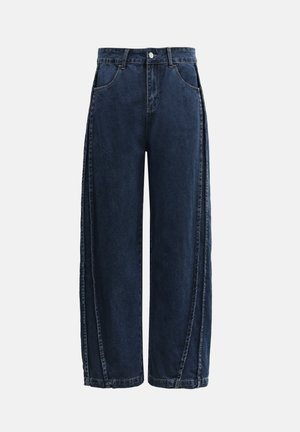 Wide-leg dark blue denim jeans featuring a high waist, front pockets, and contrasting stitching along the side seams.