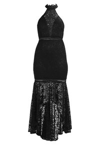 Robe de soirée noire en dentelle à col licou avec un corsage ajusté, un ourlet évasé et des détails à motif floral. Présente une finition texturée et des accents de perles.