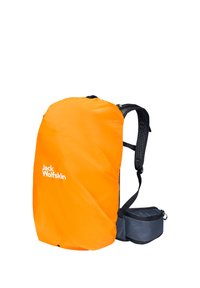 Oranje lichtgewicht rugzak met zwarte accenten, gevoerde schouderbanden en een heupriemzak. Voorzien van een logo op de voorkant en waterdicht materiaal.