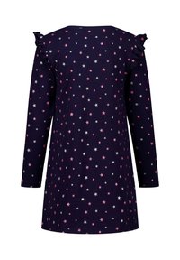 Navyblaues Langarmkleid mit rosa-weißen Sternmustern, das Rüschendetails an den Schultern aufweist.