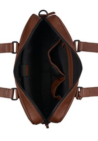 Bruine leren tas met een gestructureerde afwerking, voorzien van een ritsluiting, zwarte interieur en meerdere vakken voor organisatie.