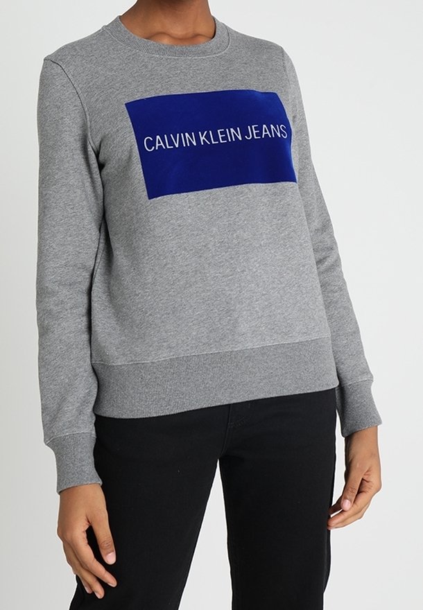 Personne portant un sweat-shirt gris avec un carré bleu et le texte « CALVIN KLEIN JEANS », associé à un pantalon noir, debout devant un fond uni.