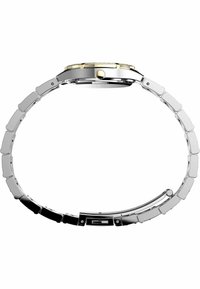 Zilveren en gouden polshorloge met een roestvrijstalen schakelband, ronde kast, minimalistische bezel en een glad, reflecterend oppervlak.