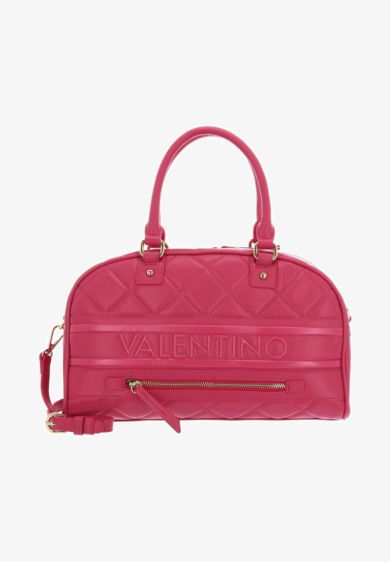 Borsa a tracolla in pelle rosa trapuntata con doppi manici, finiture in oro, logo "VALENTINO" impresso e tasca con cerniera frontale.