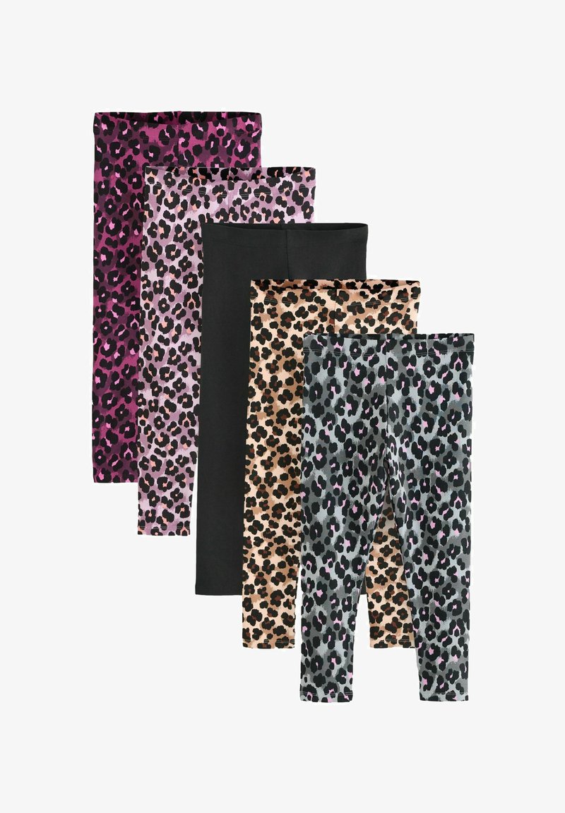 Fünf Paar Kinderleggings in gestapelter Anordnung, vier mit Leopardenmuster in verschiedenen Farben und ein einfarbig schwarzes Paar in der Mitte.