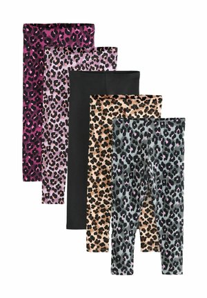 Cinque paia di leggings, caratterizzati da una combinazione di fantasie leopardate in colori come nero, rosa e grigio, oltre a un nero uniforme. Tessuto morbido e elastico.
