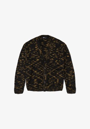 Cardigan marbré noir et or avec encolure en V, manches longues, et fermeture par boutons, présentant un motif en maille texturée sur l'ensemble.
