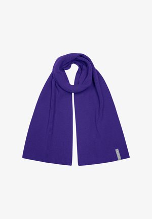 Sciarpa viola lavorata a maglia con una texture a coste, caratterizzata da una forma rettangolare e un'etichetta discreta sul bordo. Materiale morbido e leggero.
