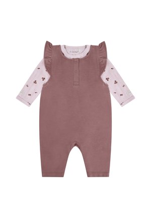 Body rosa a maniche lunghe con fantasia floreale per bambina con tutina smanicata color malva con spalline arricciate e bottoni automatici frontali.