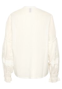 Weiße Bluse mit langen, puffärmeligen Ärmeln, die mit gestickten Blumenmustern und Spitzendetails versehen sind. Glatter Stoff mit lockerer Passform und abgerundetem Saum.