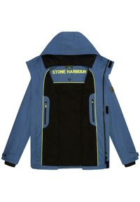 Modra nepremočljiva jakna s črnim flisom znotraj, rumenimi poudarki, dvema žepoma z zadrgo, nastavljivimi manšetami in kapuco. Na njej je logotip "STONE HARBOUR".