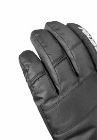 Schwarzer isolierter Handschuh mit strukturiertem Äußeren, segmentierten Fingern und verstärkten Nähten, mit einem Logo auf der Rückseite.