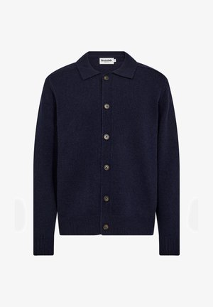 Marineblaues Strickjacket aus Strickstoff, mit einem kragenlosen Ausschnitt, sieben braunen Knöpfen und gerippten Ärmeln sowie Saum.