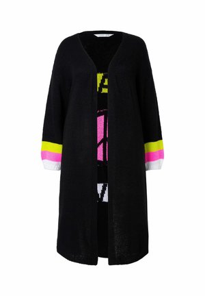 Musta neulecardigan, jossa on pitkät hihat, avonainen etuosa sekä elävät vaaleanpunaiset, keltaiset ja valkoiset yksityiskohdat hihoissa. Pehmeä tekstuuri, rento malli.