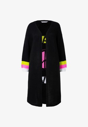 Schwarze Strickjacke mit langen Ärmeln, offenem Vorderteil und lebhaften Akzenten in Pink, Gelb und Weiß an den Bündchen. Weicher Stoff, entspannte Passform.