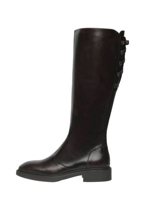 Tall, sleek brown leather boot with a rounded toe, flat sole, and decorative side buckles. Smooth texture with subtle sheen.
