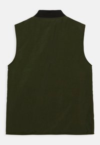 Colete sem mangas em verde escuro, com um colarinho preto canelado. Tecido liso e leve, com costuras limpas e um design simples e funcional.