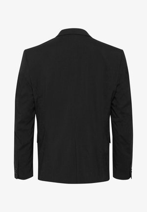 Črn blazer s krojem po meri, odrezanimi kragi, dolgimi rokavi in gladko teksturo. Ima en sam zadnji razporek in gumbaste manšete.