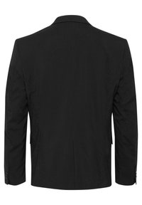 Chaqueta formal negra con una textura suave, con una abertura trasera sencilla y solapas con muesca. Presenta puños abotonados y un corte ajustado.
