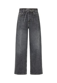 Hoch-taillierte, weit geschnittene schwarze Denim-Jeans mit Fronttaschen und einem Stoffgürtel, der in einer Schleife um die Taille gebunden ist.