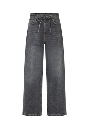 High-waisted wide-leg black denim jeans with front pockets and a fabric belt tied in a bow at the waist.