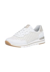 White athletic shoe with a textured, woven upper and smooth leather accents. Features white laces, a cushioned sole, and a beige heel detail.