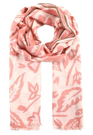 Hellrosa Schal mit korallenroten Blumen- und Blattmustern, einem gestreiften Rand und ausgefransten Enden, locker geschlungen.
