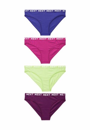 Štiri pare bombažnih bikini hlačk v vijolični, fuksiji, limetasti zeleni in temno vijolični barvi, z belim logotipom "NEXT" na pasu.