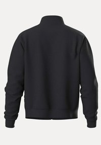 Černá mikina s vysokým límcem, dlouhými rukávy, žebrovanými manžetami a spodním lemem. Měkká textura s jednobarevným designem a bez viditelných grafik.