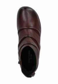 Stivaletto in pelle bordeaux con punta tonda, design arricciato, cerniera laterale e morbida fodera interna.