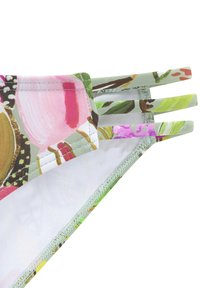 Blumiges Bikini-Set mit leuchtend pinken, grünen und goldenen Mustern. Besteht aus glattem Stoff; verfügt über verstellbare Seitenriemen für eine bessere Passform.