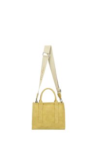 Gelbe Lederhandtasche mit doppeltem oberen Griff und einem abnehmbaren beigen Schultergurt mit gesticktem Text. Glatte Textur und rechteckige Form.