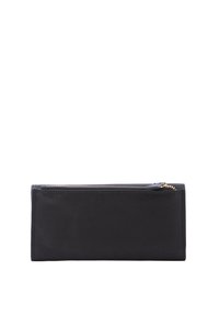 Portafoglio in pelle nera con chiusura a zip, forma rettangolare, superficie liscia e design minimalista con dettagli di cucitura visibili.